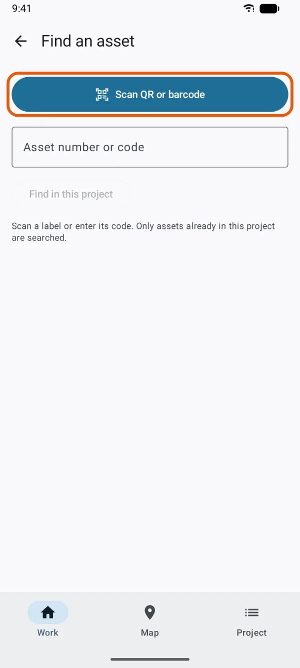 Find an asset, with Scan QR or barcode and the code field.