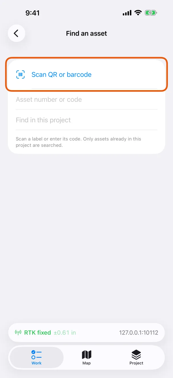 Find an asset, with Scan QR or barcode and the code field.
