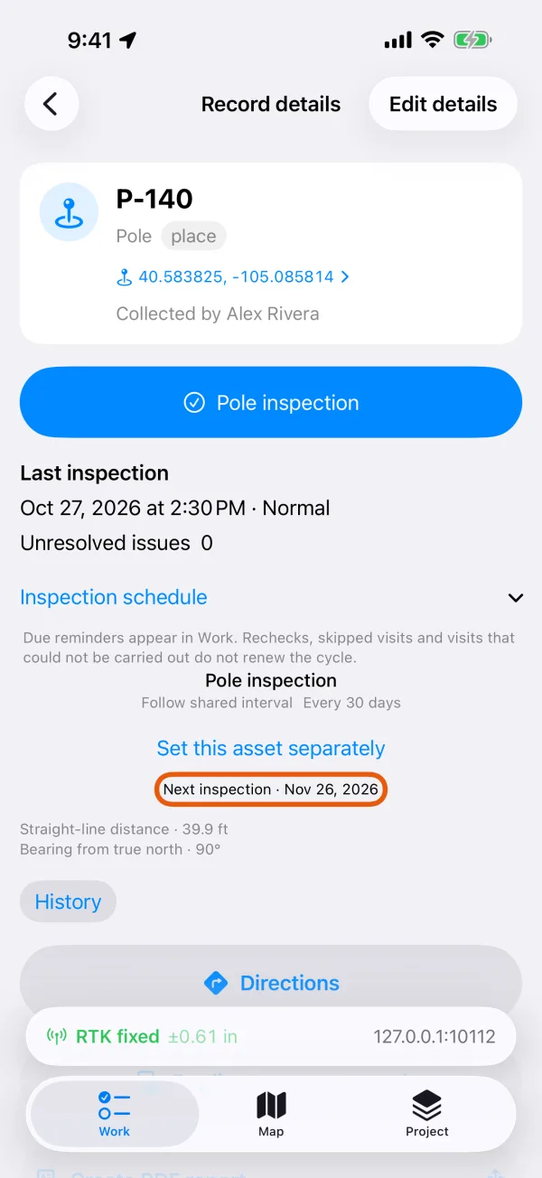 The asset's inspection schedule, with its next date.