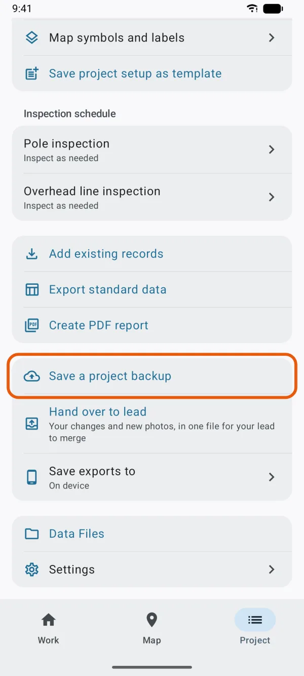 The Project tab, with Save a project backup marked.