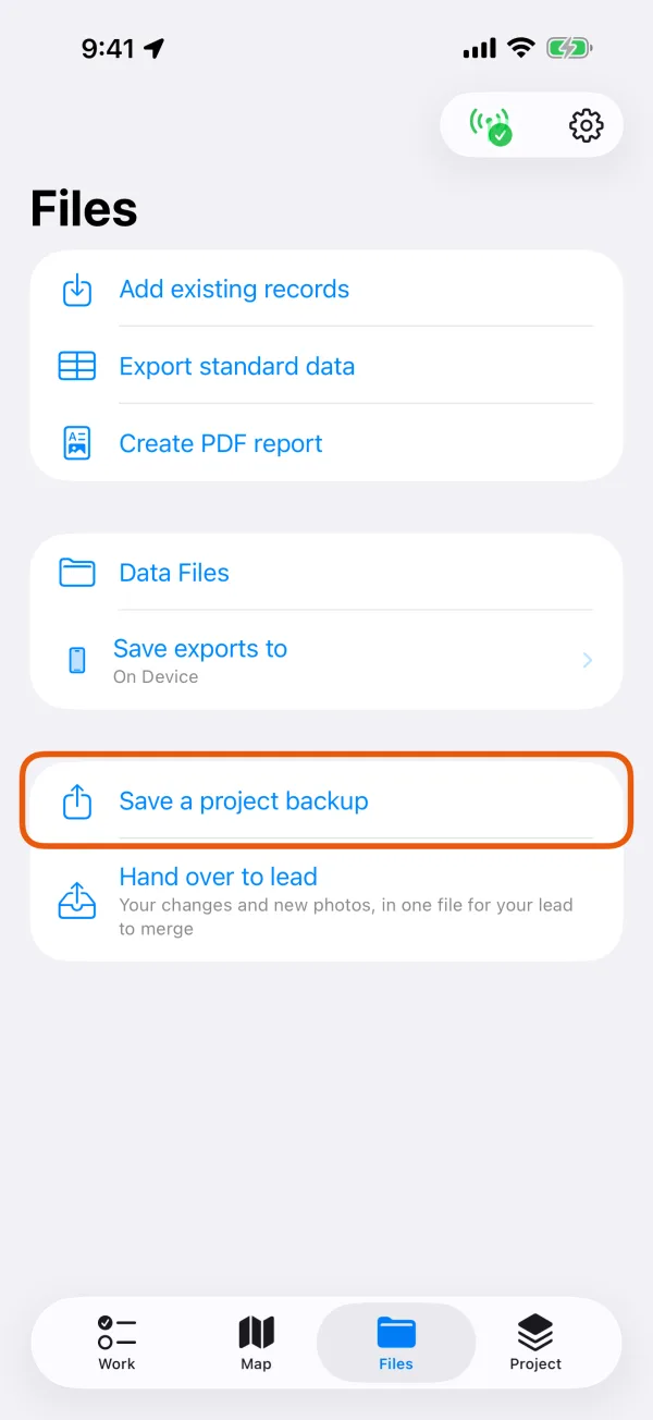 The Files tab, with Save a project backup marked.