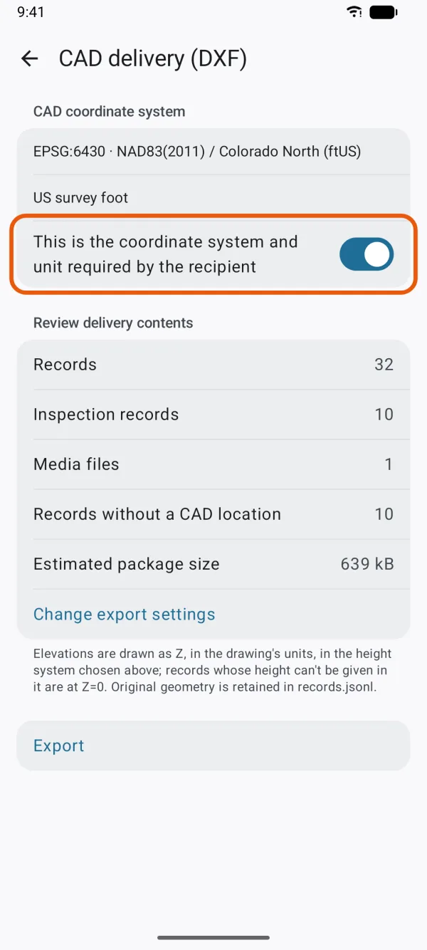 The confirmation switch above Export.
