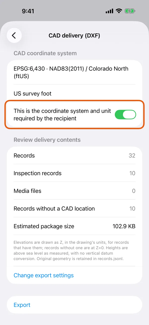 The confirmation switch above Export.