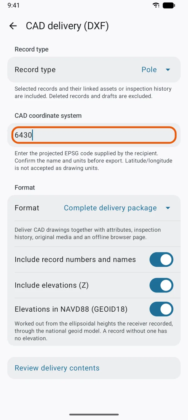 The EPSG code field.