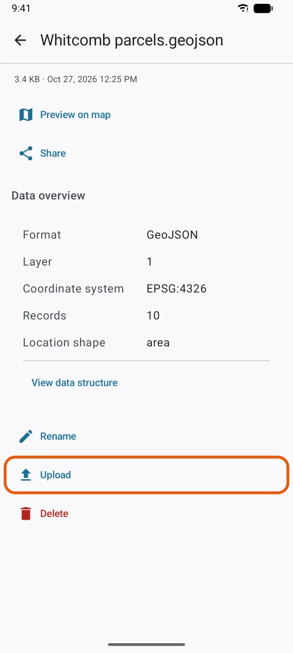 A file's page, with Preview on map, Share, Rename, Upload and Delete.