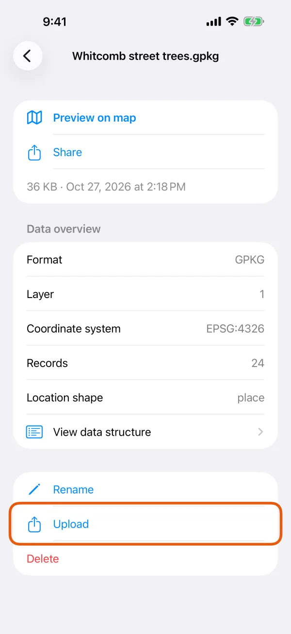 A file's page, with Preview on map, Share, Rename, Upload and Delete.
