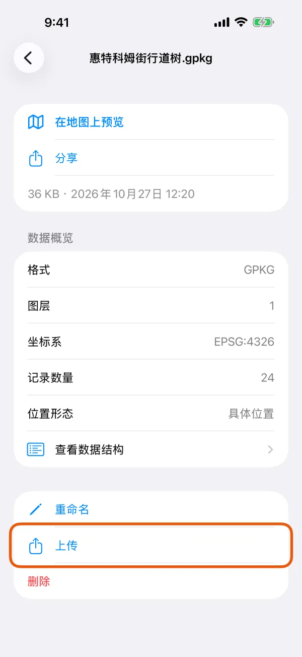 一个文件的页面,显示“在地图上预览”“分享”“重命名”“上传”和“删除”。