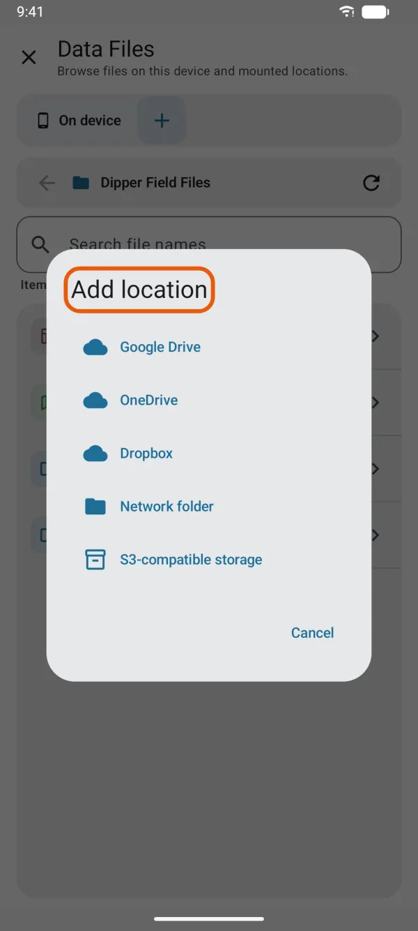 The + menu with the kinds of location.