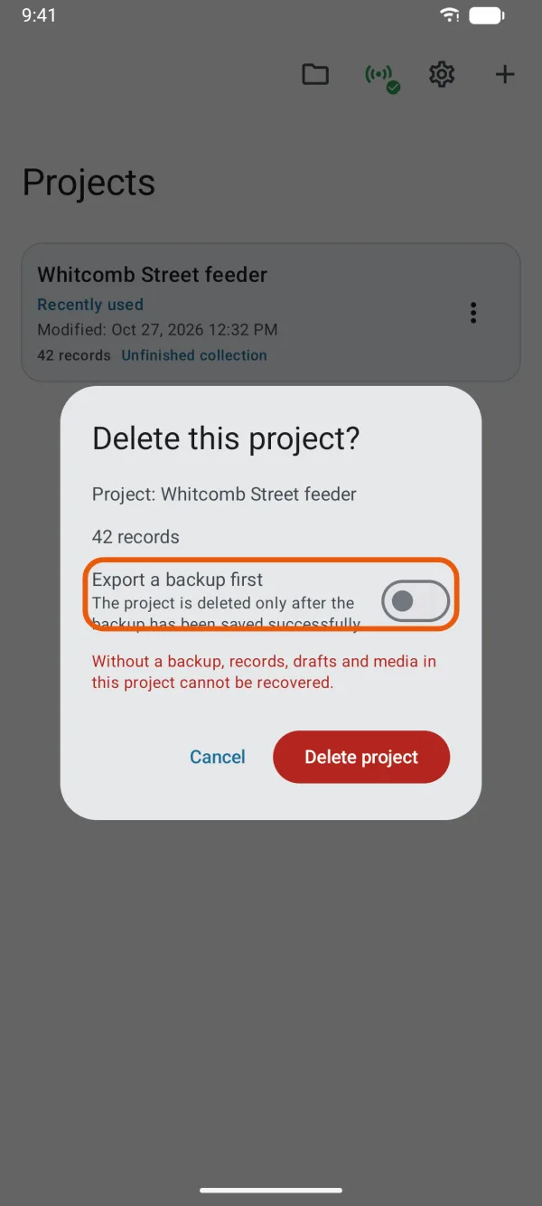 The confirmation, with Export a backup first above Delete project.