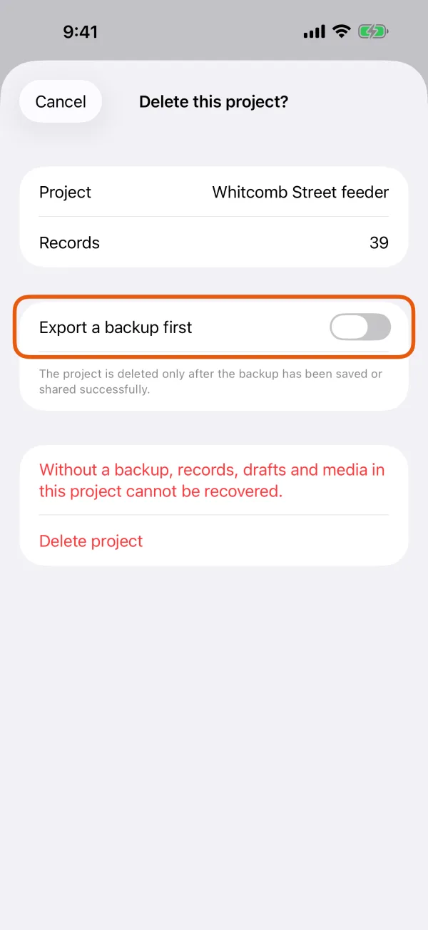The confirmation, with Export a backup first above Delete Project.