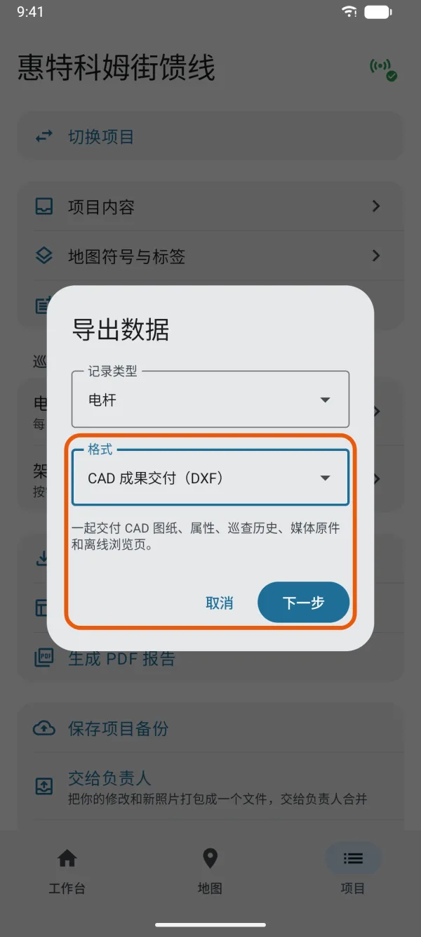 选中“CAD 成果交付（DXF）”，以及“下一步”。