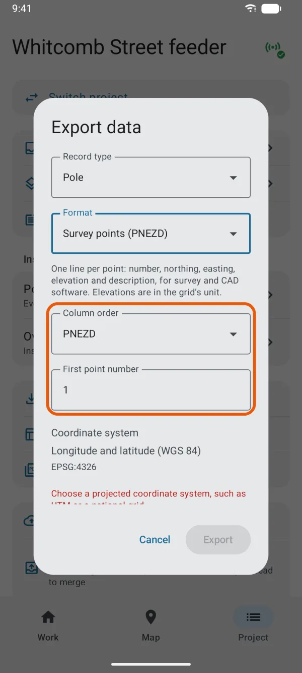 Column order and First point number.