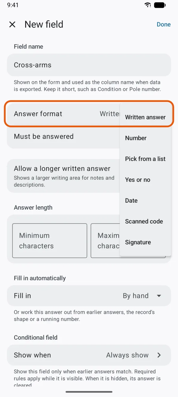 The answer formats to choose from.