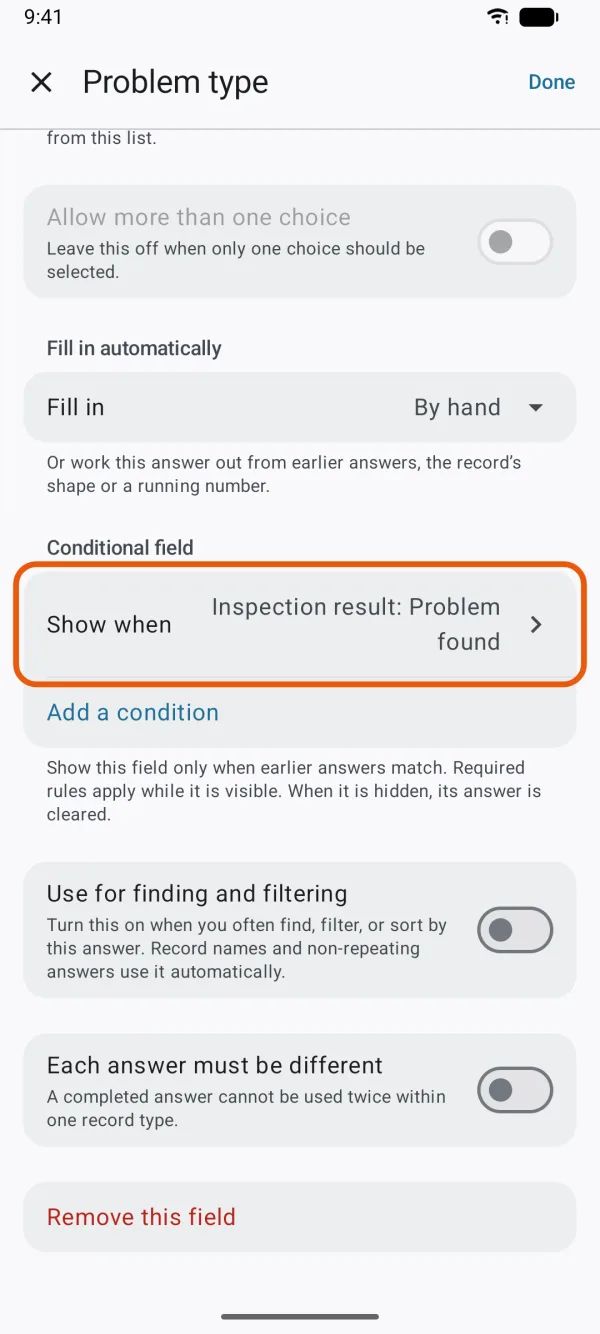 The Conditional field section, with Show when.