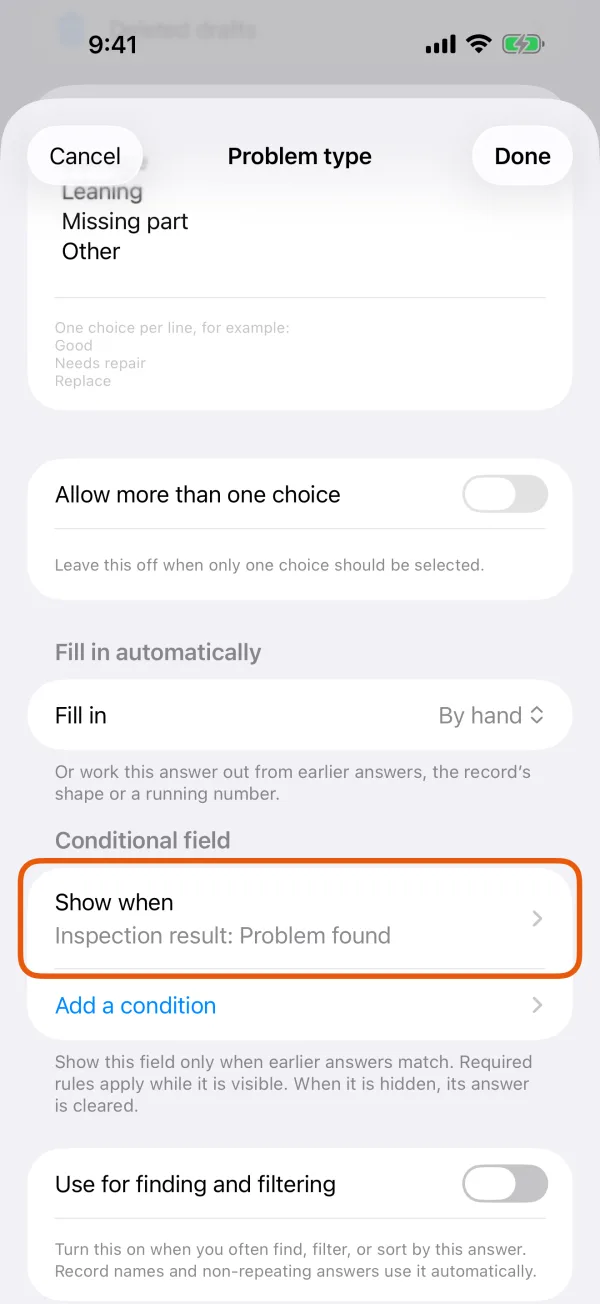 The Conditional field section, with Show when.