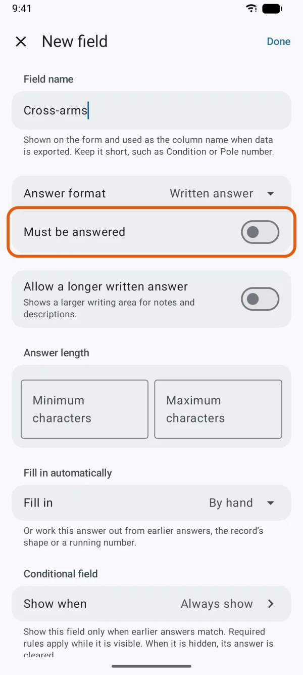 The Must be answered switch under Answer format.