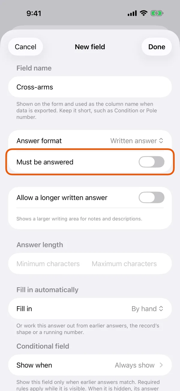 The Must be answered switch under Answer format.