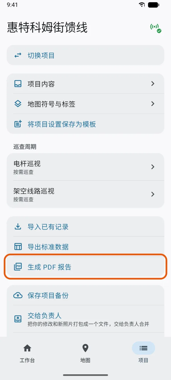“项目”标签页，标出了“生成 PDF 报告”。