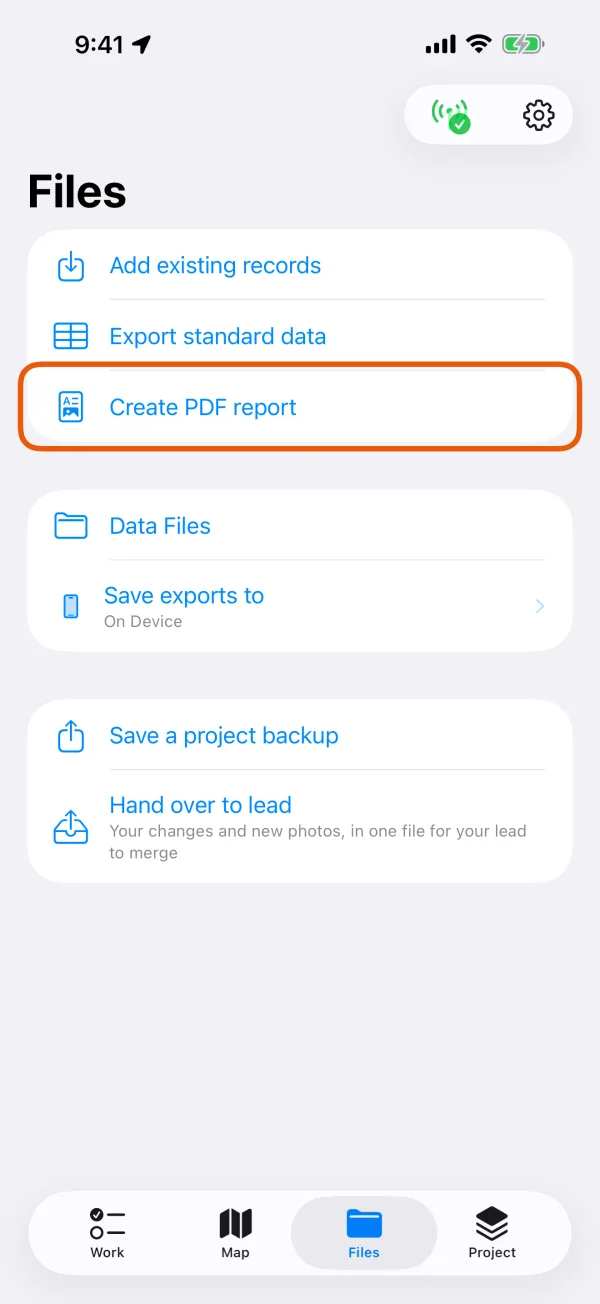 The Files tab, with Create PDF report marked.