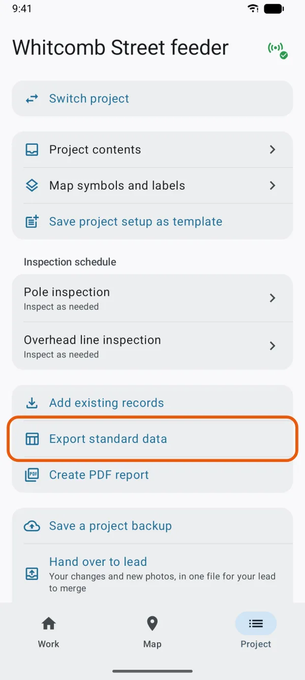 The Project tab, with Export standard data marked.