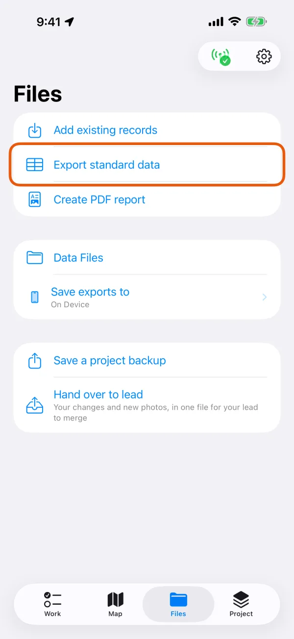 The Files tab, with Export standard data marked.