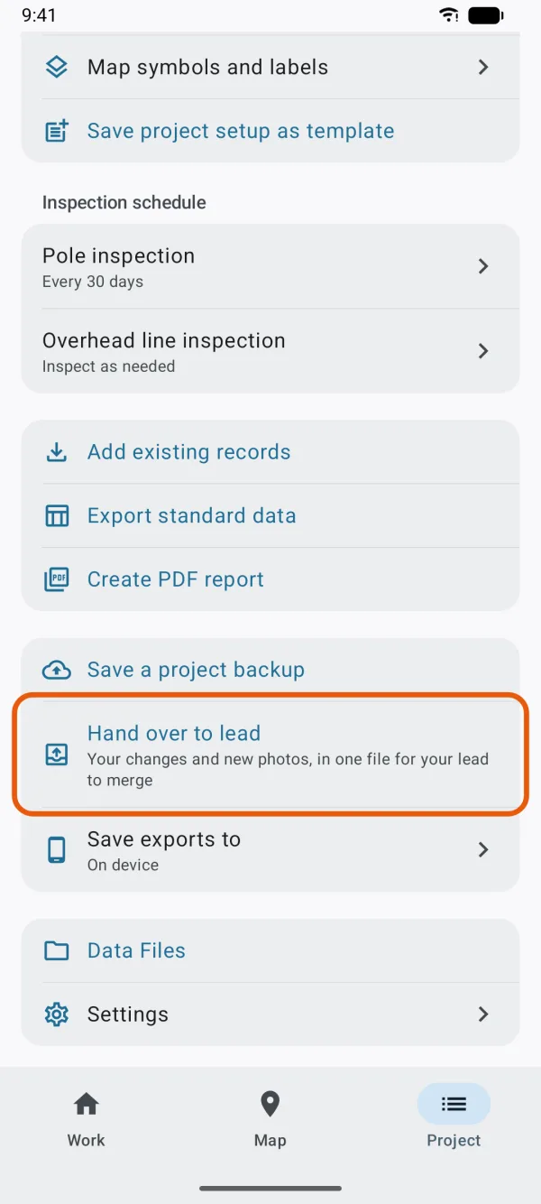 The Project tab, with Hand over to lead marked.