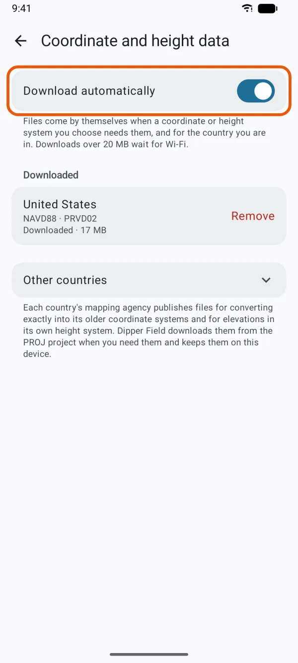 The Download automatically switch, with the downloaded sets below it.