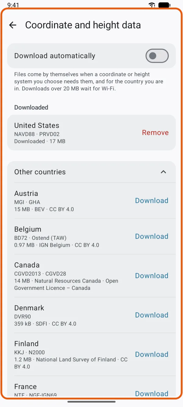 A country under Other countries, with its systems, size and Download.