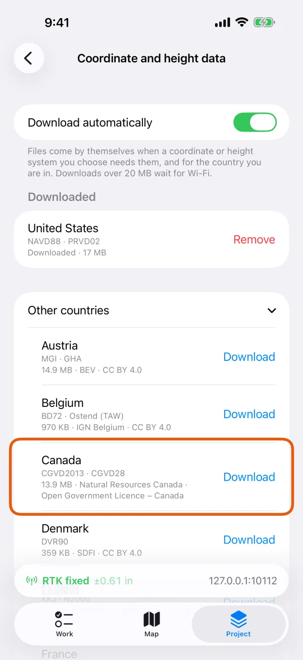 A country under Other countries, with its systems, size and Download.
