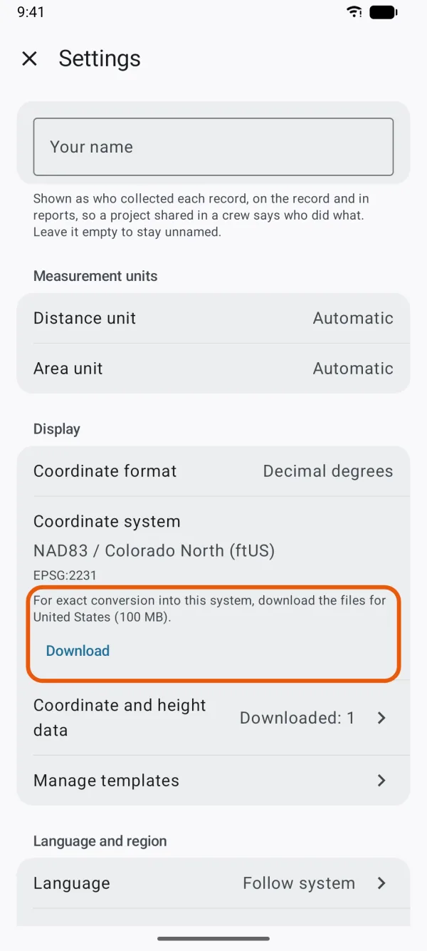 The line under the Coordinate system row, with Download.