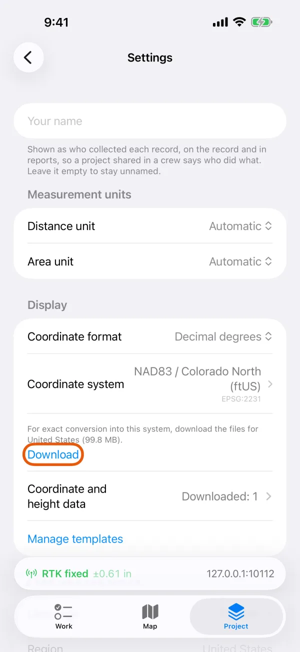 The line under the Coordinate system row, with Download.