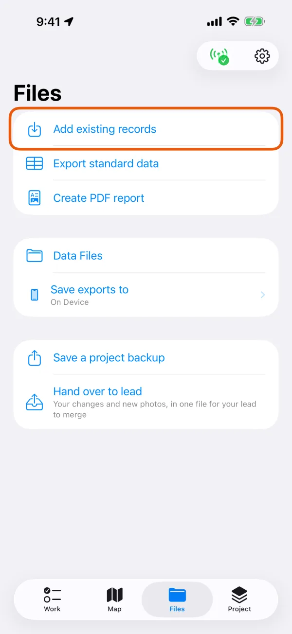 The Files tab, with Add existing records marked.