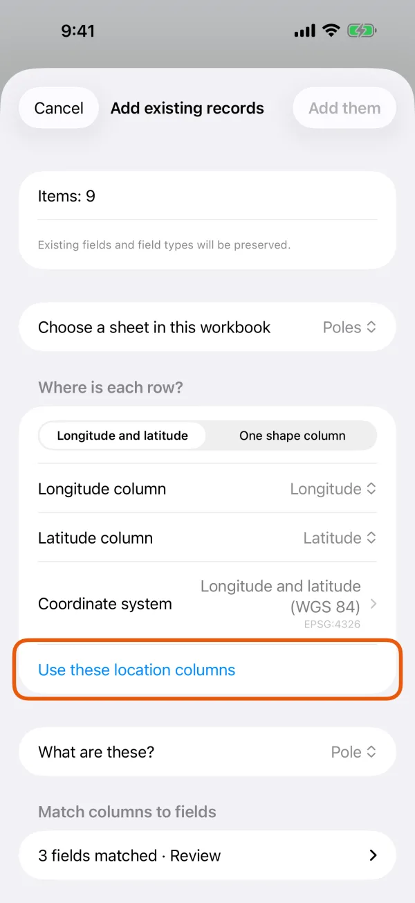 The location columns and the coordinate system.