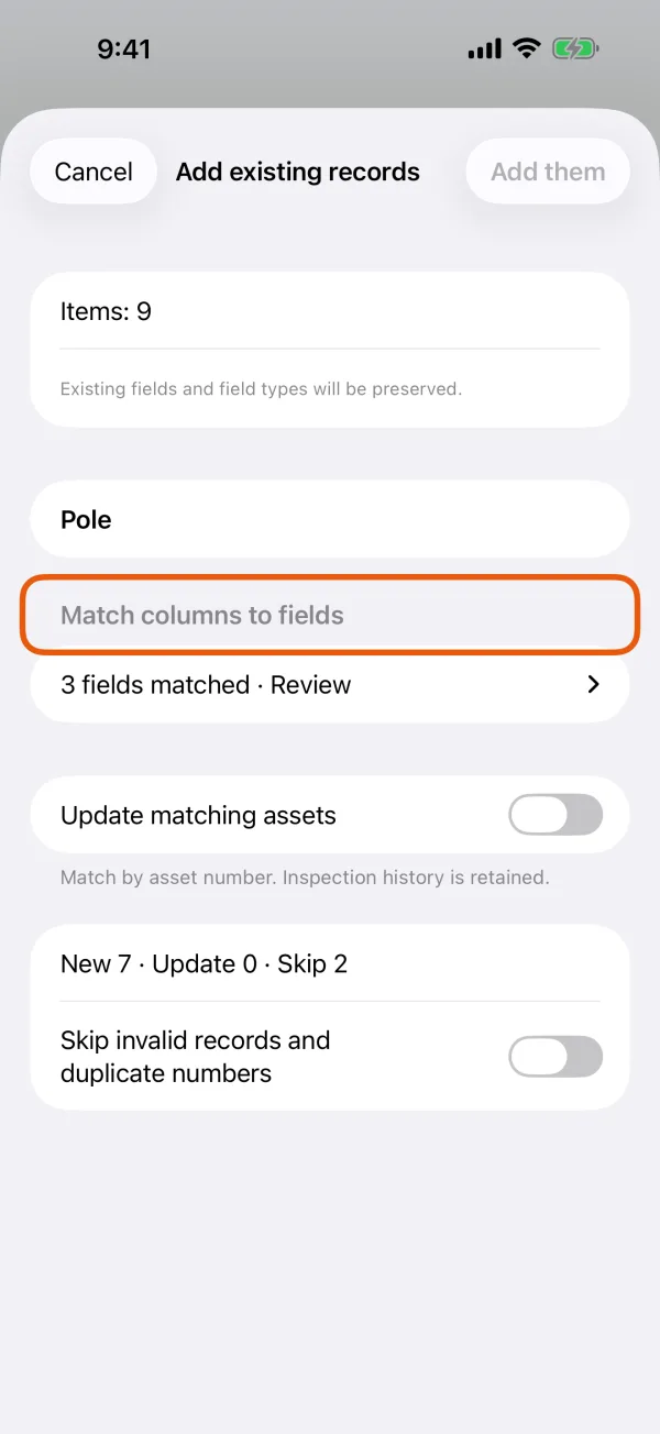 Fields, the column each one takes, and sample values.