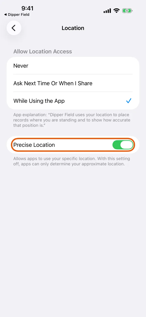 Dipper Field's location setting in iPhone Settings.