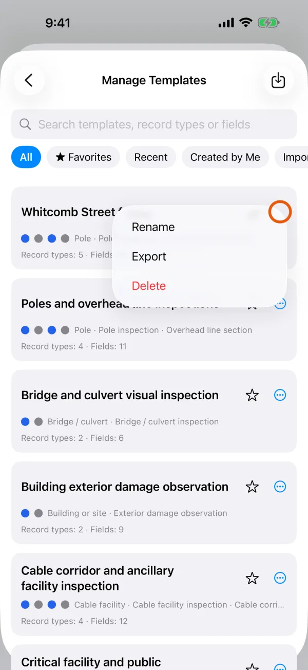 Manage Templates, with a card's menu open.