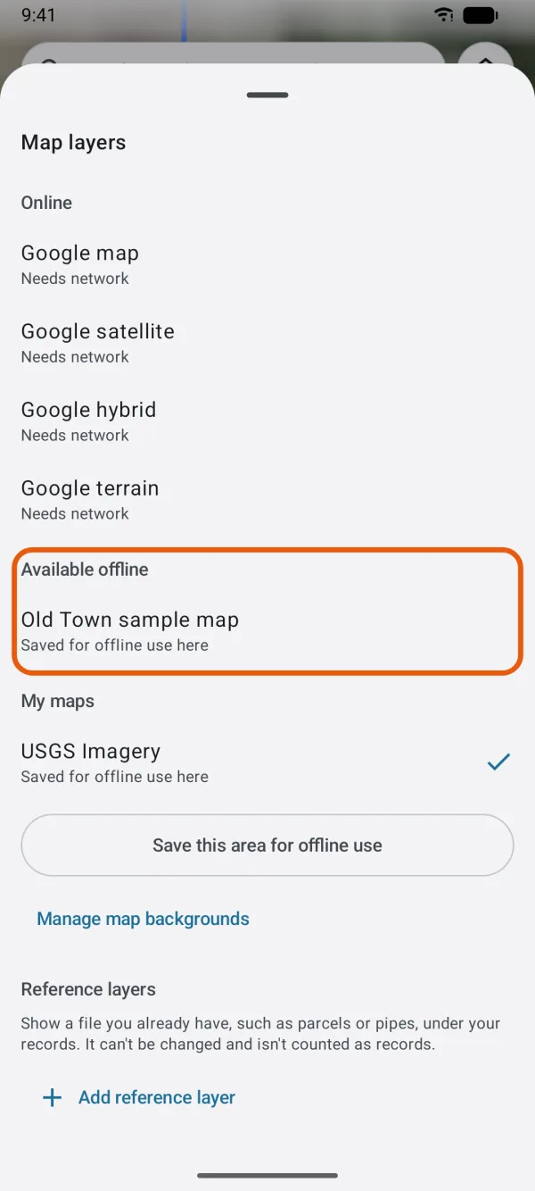 An imported topo map under Available offline here.