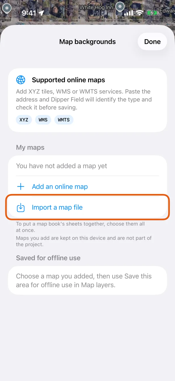 Map backgrounds, with Import a map file marked.