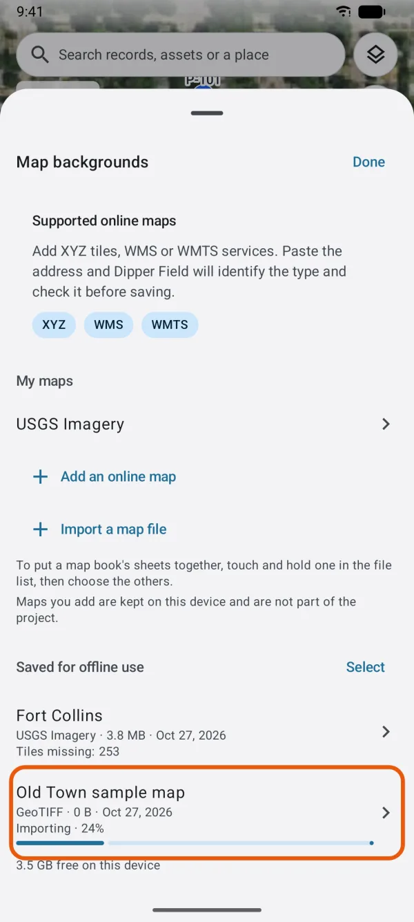 The imported map under Saved for offline use, with its progress.