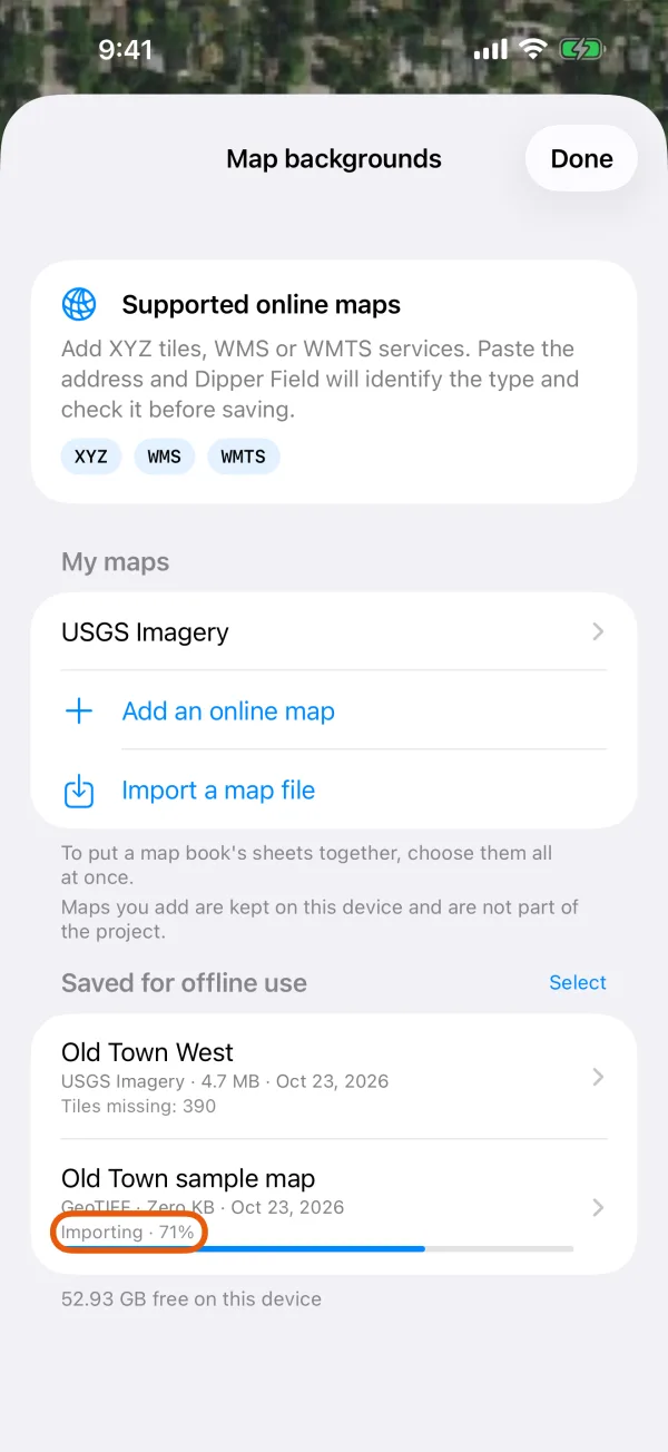 The imported map under Saved for offline use, with its progress.