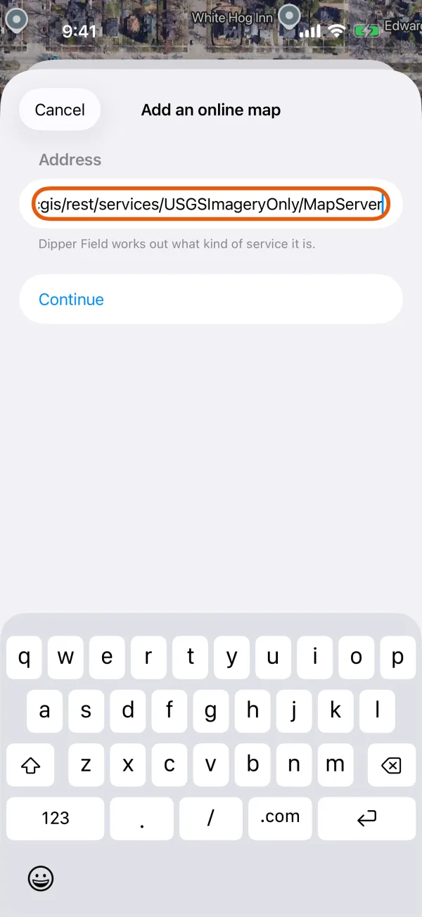 The address field, with Continue below it.