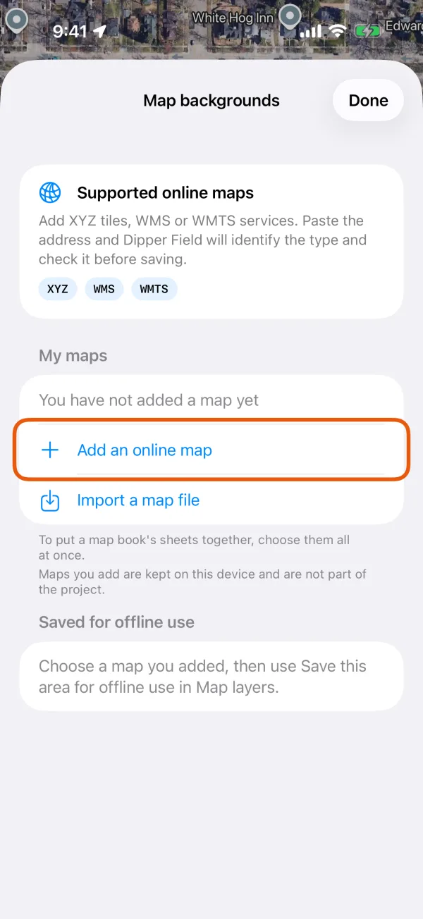 Map backgrounds, with Add an online map marked.