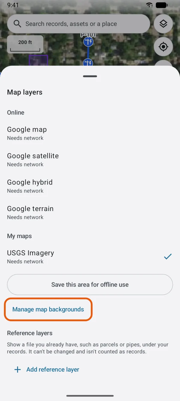 Map layers, with Manage map backgrounds marked.