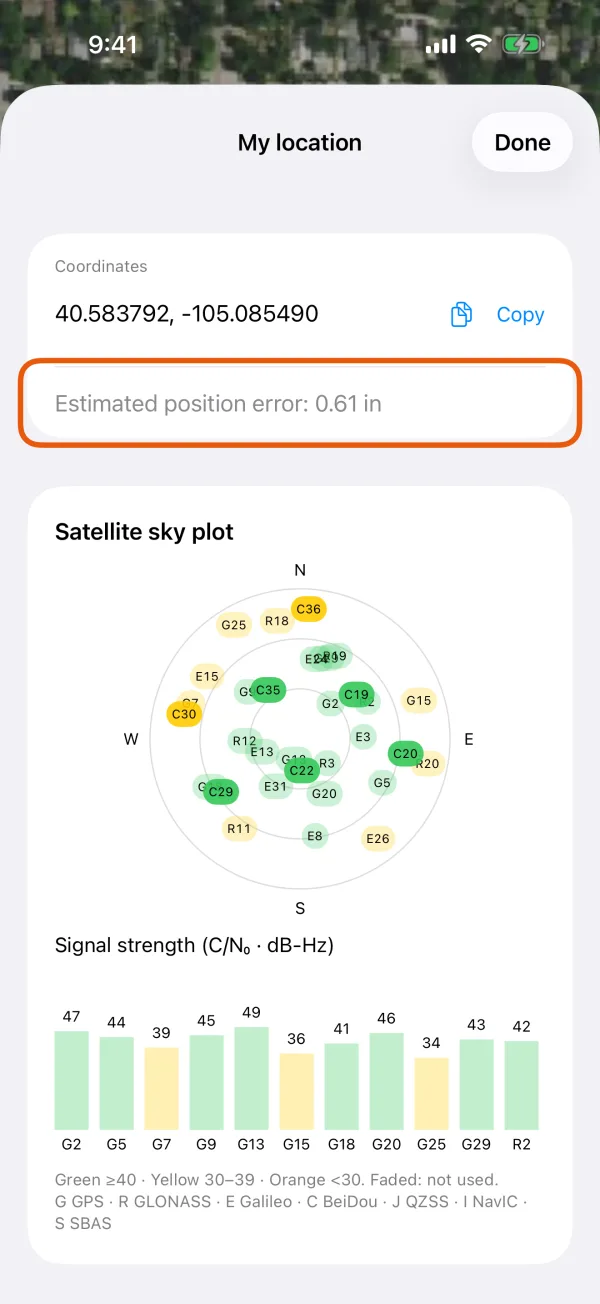 My location, with the estimated position error marked.