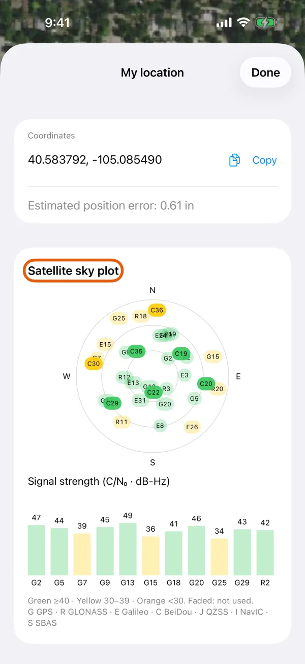 The satellites in view, with their signal strength.