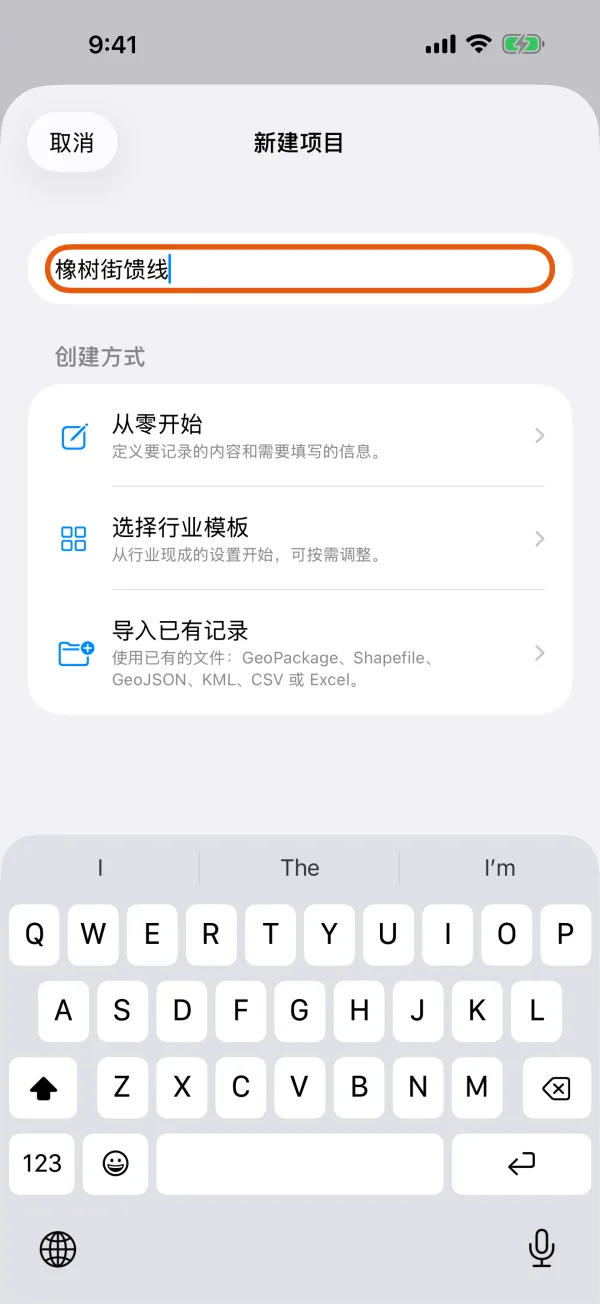 已填好项目名称的“新建项目”页。