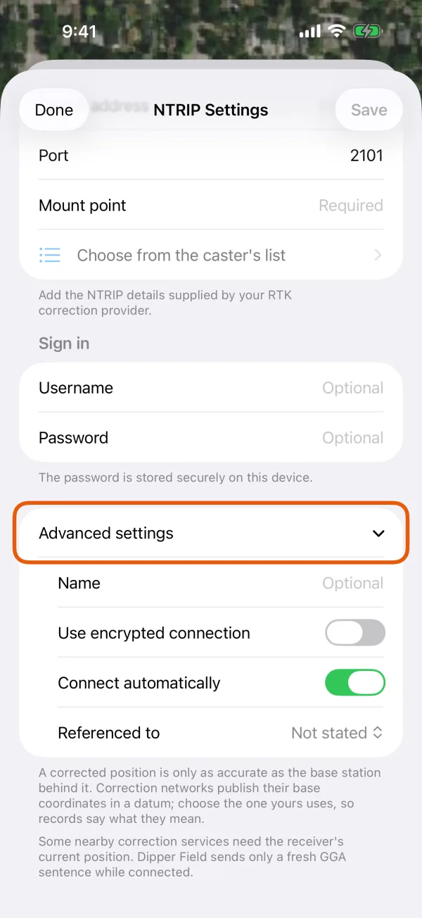 Name, encrypted connection, Connect automatically and Referenced to.