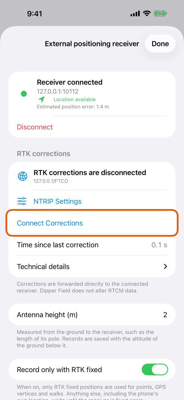 The RTK corrections section after saving.