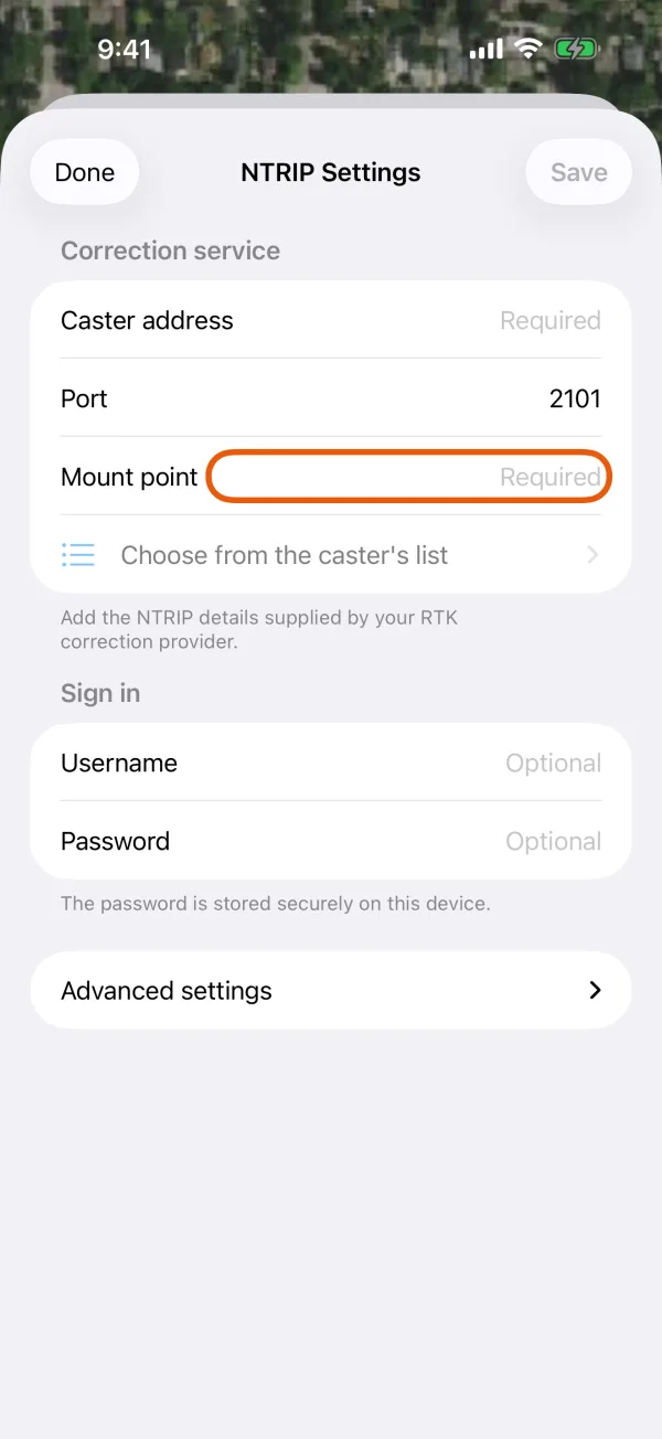 Caster address, port and mount point, with Choose from the caster's list below.