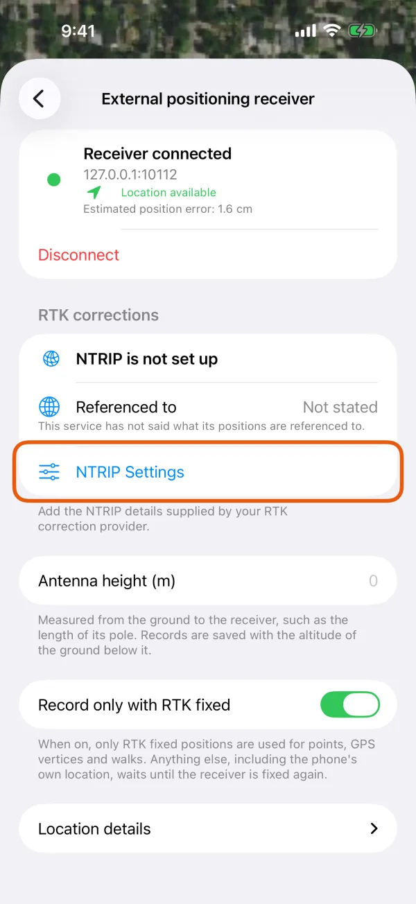 The receiver screen, with NTRIP Settings marked under RTK corrections.